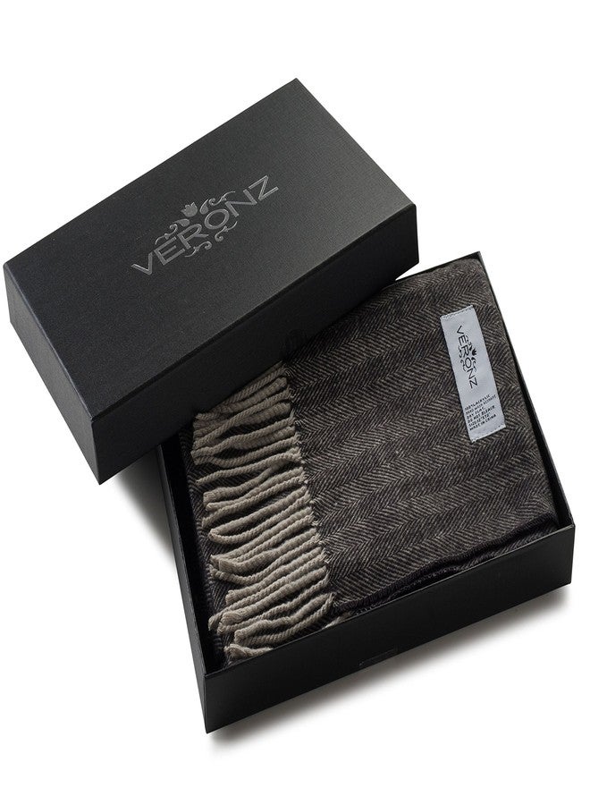 VERONZ Super Soft Luxurious Classic Cashmere Feel Winter Scarf With Gift Box (Black Gray Herringbone Gift 1) - Image 2